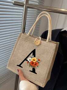 Bolso de tela con estampado de letras, bolso de tela estampado, bolso con decoración de botones, bolso grande de capacidad minimalista, bolso de tela casual y portátil de gran capacidad, bolso de compras multifuncional, nuevo diseño, gran capacidad, compañero de compras, bolso de hombro, bolso de tela, bolsa de almuerzo, lonchera, bolso cruzado, para mujer, uso diario, cita - Multicolor - Ver 3