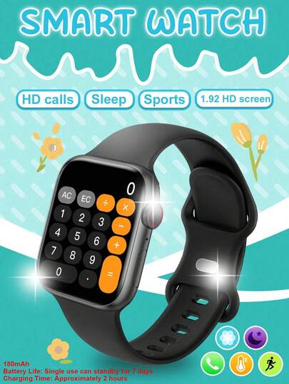 1块1.92英寸触摸屏多功能智能手表，配有硅胶表带，适合青少年使用，多种运动模式，支持相机控制、社交应用通知、蓝牙连接，兼容安卓和iOS系统，适合上学、运动等场合，内置180mAh电池