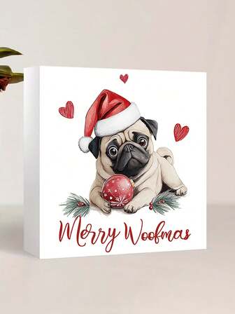 1 Pc Christmas Cute Pet Square Pvc Decoration Ornament Sign, Christmas Dog & Woof Integrated With "Merry Christmas" Design, Christmas Decoration, Christmas Gift, Ideal Pet Lover Gift, Suitable For Home, Party, Desktop Decoration