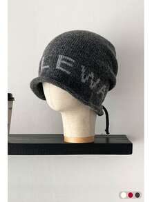 Letter Knitted Cuffed Beanie Hat For Women, Autumn/Winter, Fashionable, Face-Slimming, Large Head Circumference, Cold-Proof, Simple, Versatile, Ear-Warming, Knitted Hat With Plaid Ruffle, Grey - Multicolor - View 8