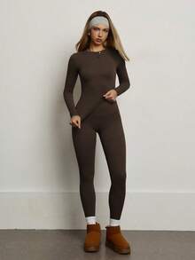 PinkTip Women's Solid Color Seamless Stretchy Long Sleeve & Long Pants Activewear Set, Butt-Lifting, Slim-Fit, Soft Workout Pants Set For Daily Casual, Fitness, Running, Yoga, Pilates Spring - Cà phê nâu - Xem 4