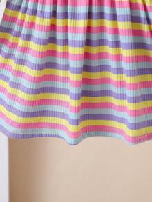 Toddler & Baby Girls' 2-Piece Dress Set: Rainbow Striped Floral Dresses With Ruffled Sleeves - For Autumn & Winter Outer Wear - Multicolor - View 7