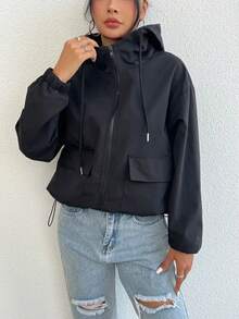 Chaqueta con capucha con cremallera de unicolor para mujer, cortavientos casual de manga larga con cordón, unicolor con bolsillo con cremallera y cordón para primavera/otoño - Negro - Ver 9