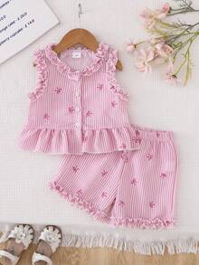 2件套女童无袖条纹上衣和短裤套装，蝴蝶结装饰，休闲时尚，适合户外穿着
