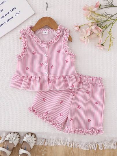 2pcs/Set Young Girls Sleeveless Striped Top & Shorts Set, Bow Decor, Casual & Fashionable, Suitable For Outdoor Wear