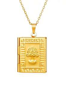 1pc Vintage Stainless Steel Locket Pendant Necklace, Open Design Can Hold Photos, Hollow Round Frame Necklace - Yellow Gold - View 7