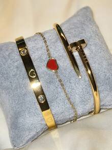 3 pièces/set Bracelet à ongles en acier inoxydable plaqué or 18 carats avec cœur en coquillage, ensemble de bijoux mode, convient pour le port quotidien des femmes et les cadeaux - Coeur d'amour rouge - Voir 23
