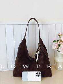 low tea 1件纯色绒面革皮革磁扣女士手提包单肩钱包手提包，真皮顶部提手，适合旅行、购物、约会、女士礼物、工作、商务、通勤（带吊坠肩带） - 咖啡棕 - 查看 4
