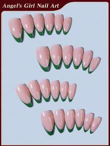 Elevate Your Style ,24pcs Y2K Long Almond Green & White French Tip Press On Nails ,Minimalist Style Design, Perfect Fit Acrylic False Nails Set, Including 1 Jelly Gule And 1 Nail File, For Girls Daily Party And Gathering Use