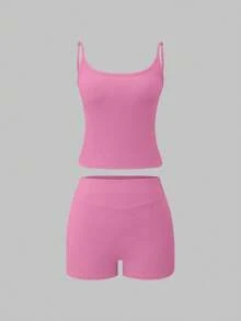 AiTyi 女式两件套，休闲时尚性感舒适运动装，适合日常穿着、毕业典礼、返校，多功能吊带背心和短裤套装 - 粉色 - 查看 7