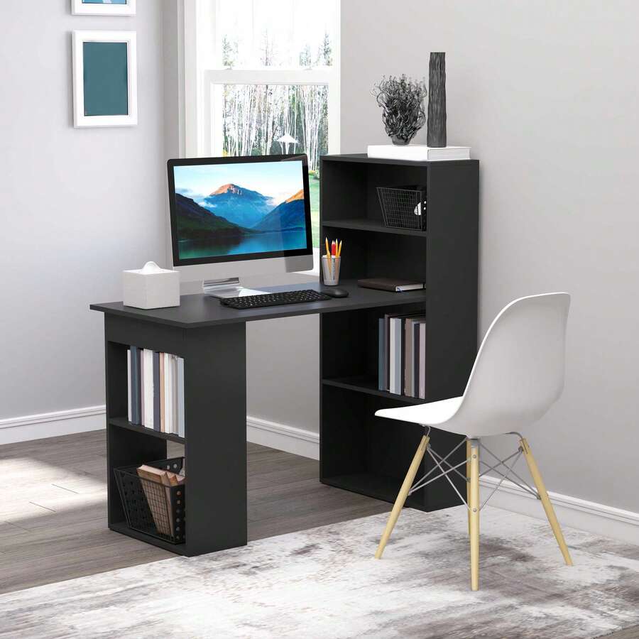 HOMCOM Modern Computer Desk With Storage Shelves, 47" Writing Table Workstation With Bookshelf For Home Office, Black - Black - View 1