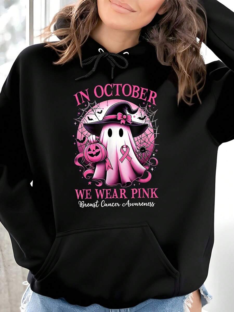 Women's Breast Cancer Awareness Hoodie - 100% Cotton Ghost With Pink Bow & Pumpkin Graphic, Casual Crew Neck Short Sleeve Tee With Spiderweb Print, Knit Stretch Fabric, Regular Length - All Season Wear