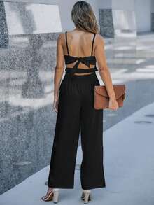 ChicMe 女式无袖花卉图案细肩带连体裤口袋设计别致优雅休闲派对鸡尾酒节日服装 - 黑色 - 查看 3