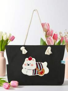 黑色帆布手提包，大容量单肩包，手提包，条纹衣服上的白色小狗装饰，耐用可重复使用的购物袋，手提包，野餐包，游泳包，适合日常使用，旅行，度假，通勤，上学，工作，旅行收纳，度假收纳袋，日常必需品，完美的节日礼物 - 黑色 - 查看 7