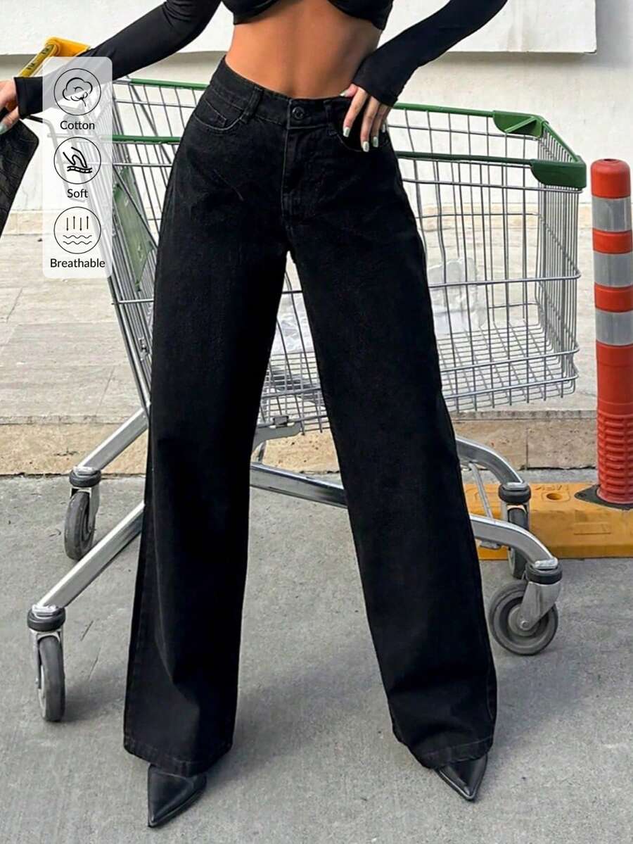 Women's High Waist Wide Leg Jeans, Solid Color Contrast, Casual - Black - View 1