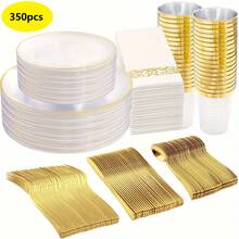 350PCS Clear And Gold Plastic Dinnerware Set, Plastic Plates For Party Include Disposable Plates, Gold Plastic Silverware Heavy Duty, Cups And Napkins Disposable To 50 Guest For Party, Wedding, Birthday - Vàng trong suốt - Xem 8