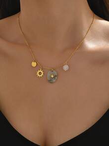 YUZENG 1pc Waterproof 14k Gold Plated Stainless Steel French Elegant Style Gemstone Sun Pendant Multi-Layer Necklaces For Women - Yellow Gold - View 10