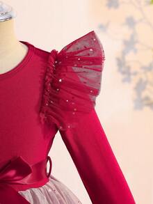 coviviky Vestido de tul con degradado de colores y decoración de estrellas para niña, diseño único con lazo en la cintura, puños acampanados de manga larga, uso casual y para fiestas