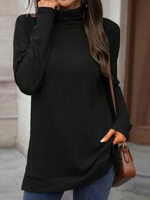 Womens Knit Tops Fall Long Sleeve Turtleneck Solid Color Slit Hem Casual Pullover Sweater - Black - View 4