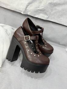 Giày Oxford cao gót siêu cao cấp họa tiết vải thiều, giày Oxford cao gót nữ, màu đen trơn - Cà phê nâu - Xem 16