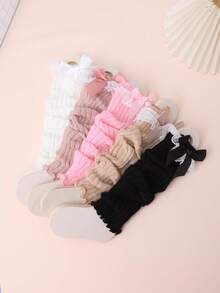 5 Pairs Kids Solid Color Lace Ruffle Bow Decorated Leg Warmers, Ribbed Knit Cuffs, Fashion Suitable For Autumn/Winter