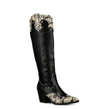 Weide Botas para mujer – Botas vaqueras de mujer con punta fina, estampado serpiente, tacón medio retro y estilo punk - Negro - Ver 4