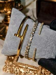 4pcs Luxury Stainless Steel Rhinestone Clover & Star Bangle Bracelet Set, Vintage Elegant Jewelry Suit For Women, Suitable For Daily Wear, Gift, Party, Fashionable Christmas Present - Gold - View 23