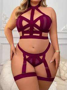 Plus Size Women's Strappy Harness Hollow Out 4-Piece Lingerie Set - Criss Cross Bra, Thong & Garters With Free Gift - 酒紅色 - 查看 3