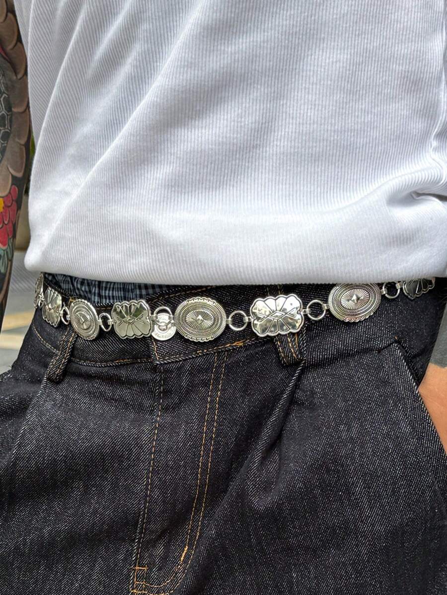 1pc Retro Floral Pattern Waist Chain, Punk Personalized Metal Waist Belt For Men, High-End Suitable For Party, Streetwear, Daily Wear (Random Waist Chain Pendant)