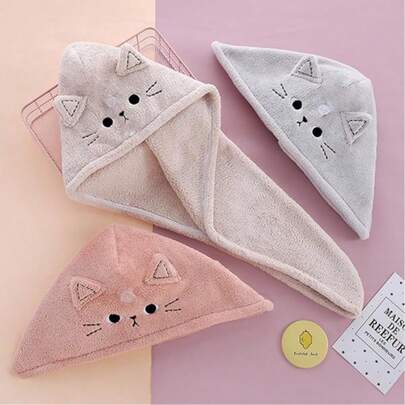 Cute Cat Coral Fleece Hair Towel Wrap Thick Water Absorbent Quick Dry Bath Wraps For Women Lightweight Soft Hair Drying Caps For Home Gym Travel Use