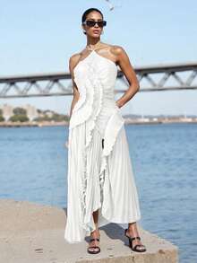 Women's Ruffle Halter Dress Sleeveless Solid Color Long Flowy Dress Summer A-Line Dress - Ngà voi - Xem 4