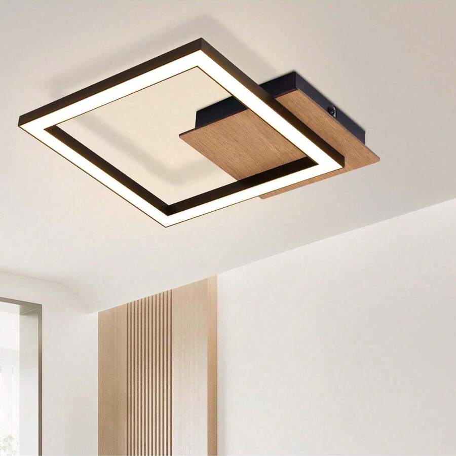 Luz de techo LED para cocina - Blanco cálido 3000K, lámpara de techo de madera moderna de 12W, diseño cuadrado negro para cocina, sala de estar, dormitorio, pasillo y comedor
