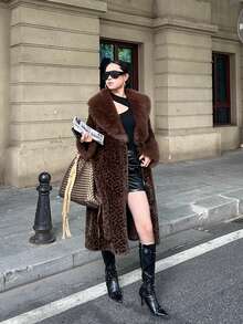 Oversized Women's Lapel Coat, Thick Leopard Print Patchwork, Faux Fur Tie-Waist, Super Warm Furry Autumn/Spring Jacket, Cold-Proof Winter Fashion, Elegant For Daily, Festivals And Gatherings - Leopard - View 9