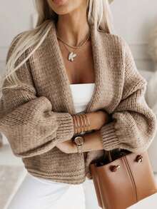 Cárdigan suelto de frente abierto y unicolor elegante para mujer con hombros caídos y mangas farol, chaqueta de suéter casual de punto acanalado de poliéster para uso diario y citas, otoño/invierno