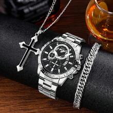 SOKI SOKI 1 Set Reloj de pulsera para hombre, estilo de moda casual de negocios con calendario, correa de acero inoxidable, movimiento de cuarzo, correa de acero desmontable y collar colgante, juego de pulsera de eslabones cubanos, adecuado para uso diario, regalo de cumpleaños, fiesta, reunión festiva, regalo ideal para usted o sus amigos. No se incluye caja de embalaje. - Plateado - Ver 6