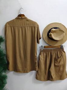 Short Sleeve Priest Collar Shirt And Plain Shorts Set For Men Adults 100% Viscose Fabric With Elastane Shrinks A Little - 深卡其色 - 查看 2