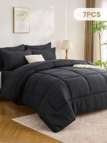 5/7pcs Comforter Set, Bedding, Cozy And Warm Bedding, Solid Color, Easy Care And Comfortable, Breathable Bed Set, For Twin, Full, King, Queen Bed Sizes, Suitable For Bedroom, Mothers Day Decor, Guest Room, Dormitory, All Seasons, Mothers Day Gift, Machine Washable, 1 Comforter, 1 Flat Sheet, 1 Fitted Sheet And 2/4 Pcs Pillowcases - 黑色 - 查看 8