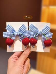 2pcs Red Cherry Bow Hair Clips, Sweet Style Side Clips For Girls, Suitable For Daily Use - Blue - View 5