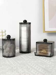 棉签收纳盒三件套，透明黑色塑料药瓶容器，浴室配件套装收纳盒，可收纳化妆棒、棉签、棉球、棉片、牙线等，适合度假海滩、浴室、卧室等场合。