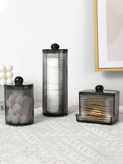 1/3 棉签盒，透明黑色塑料瓶包装，浴室配件收纳盒套装，可收纳化妆刷、棉签、棉球、化妆棉片、牙线等，适合度假、海滩、浴室、卧室等场所，大容量