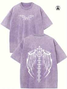 Vintage Washed And Distressed Oversized Short-Sleeved Cotton T-Shirt With Delicate Double-Sided Wing Print. - 紫色 - 查看 1