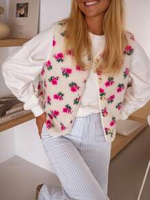 Áo khoác vest nữ thanh lịch, in họa tiết hoa, chất liệu lông cừu Sherpa, cài nút, màu trắng, thích hợp cho công sở. - trắng - Xem 6