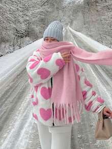 1 件装女士冬季围巾，马尾毛黑色仿羊绒披肩，加厚保暖，女士时尚纯色流苏拉绒围巾，户外女士披肩，连衣裙 - 粉色 - 查看 6