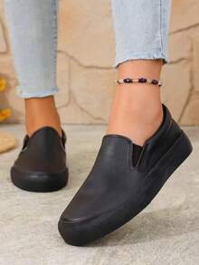 女士一脚蹬皮革乐福鞋、步行鞋、时尚休闲鞋 - 純黑 - 查看 3