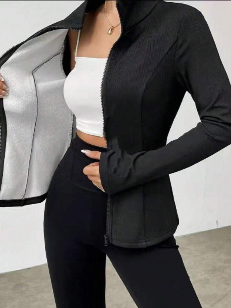 Women's Tight Fit High Collar Zipper Jacket With Thermal Lining, Warm And Comfortable For Casual And Home Wear In Autumn/Winter, Sleeves Without Thermal Lining - Black - View 1
