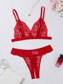 2 件花卉蕾丝内衣套装，开杯文胸和开裆丁字裤，性感女士内衣和睡衣套装，坏蛋造型 - 紅色 - 查看 3