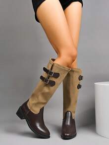 Westlicher Stil Schlüpf-Stiefel modisch sexy vielseitig Kniehohe Stiefel, bequeme & schöne Kniehohe Stiefel mit niedrigem Absatz rutschfest für Frauen, Outdoor Country Resort Kniehohe Stiefel, Schneestiefel, Wadenlange Stiefel, Plateau Dicksohlenstiefel, Reitstiefel, Kampfstiefel, wasserdichte Plateau Laufschuhe, Wanderschuhe, Stiefel mit Plateauabsatz, Patchwork Stiefel, Kniehohe Modestiefel