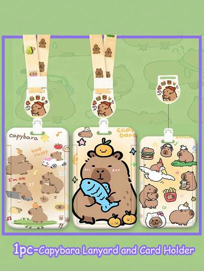 Soporte para tarjeta con diseño de capibara de dibujos animados con cordón retráctil, soporte de plástico duradero para tarjeta de comedor del campus, pase, tarjeta de metro, tarjeta de autobús, identificación laboral - Soporte universal para tarjetas, imprescindible para volver a la escuela