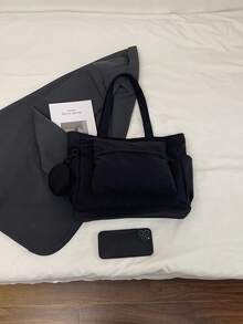 1 chiếc túi xách unisex dung tích lớn kèm ví, kiểu dáng Hàn Quốc mới, balo dành cho sinh viên, túi đeo chéo thường ngày, túi vải bố có ngăn đựng laptop, nhẹ và có thể gấp gọn, kiểu dáng cổ điển, cần thiết cho thanh thiếu niên, nữ sinh viên và giáo viên. - màu đen - Xem 8