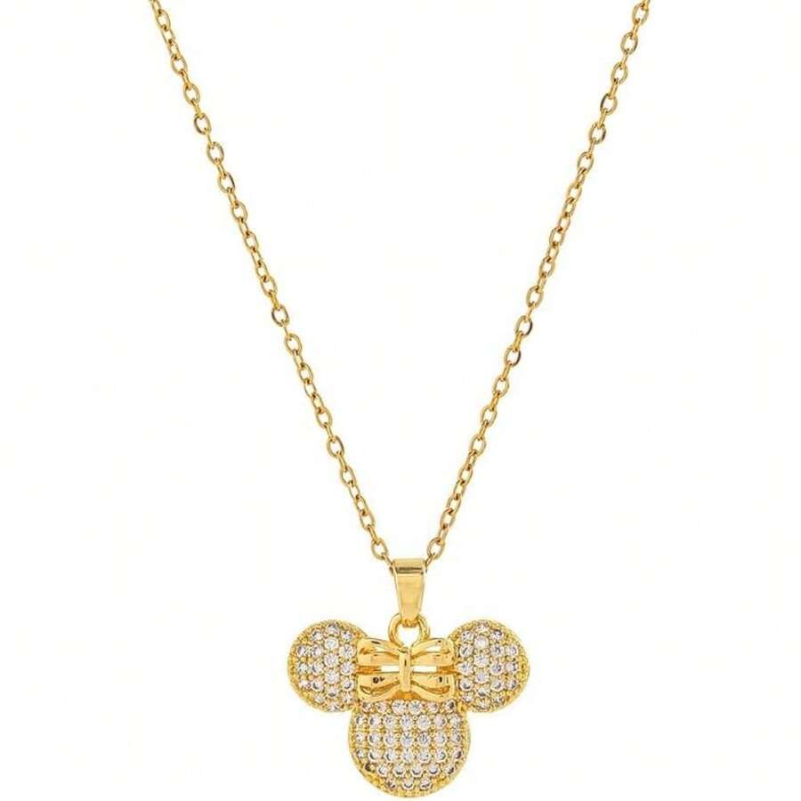 Cute Lady Mouse Pendant Necklace For Women Surgical Stainless Steel Hypoallergenic Crystal Choker Chain Adjustable Comfortable Dainty Anniversary Birthday Holiday Jewelry - 金色調 - 查看 1